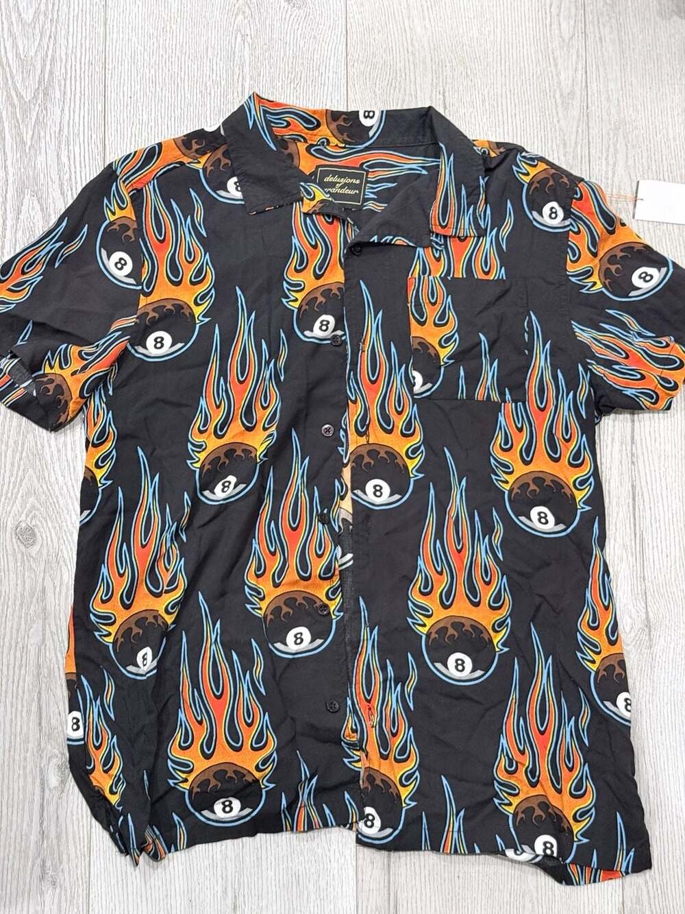 Delusions of Grandeur Flaming 8-Ball Short Sleeve Button Down Shirt